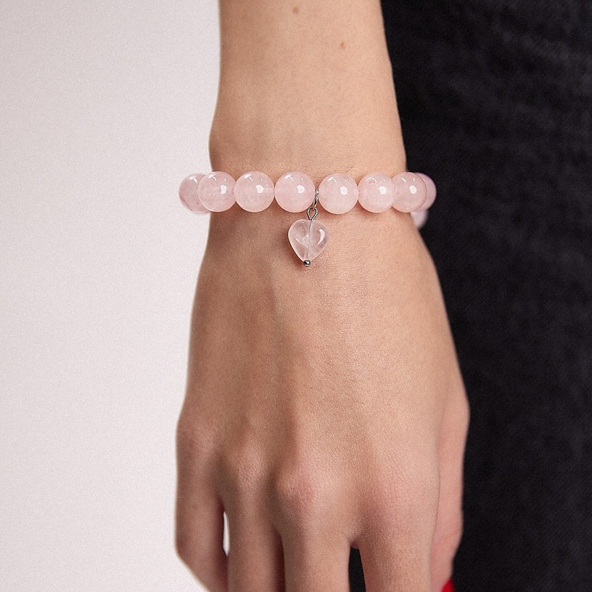 Rose Quartz beaded bracelet 10mm with heart charm
