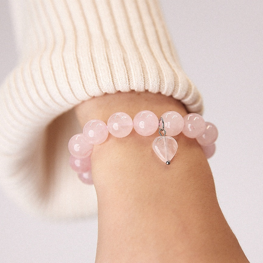 Rose Quartz beaded bracelet 10mm with heart charm