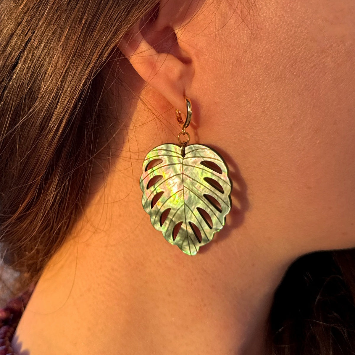 Abalone Shell Monstera Leaf Earrings