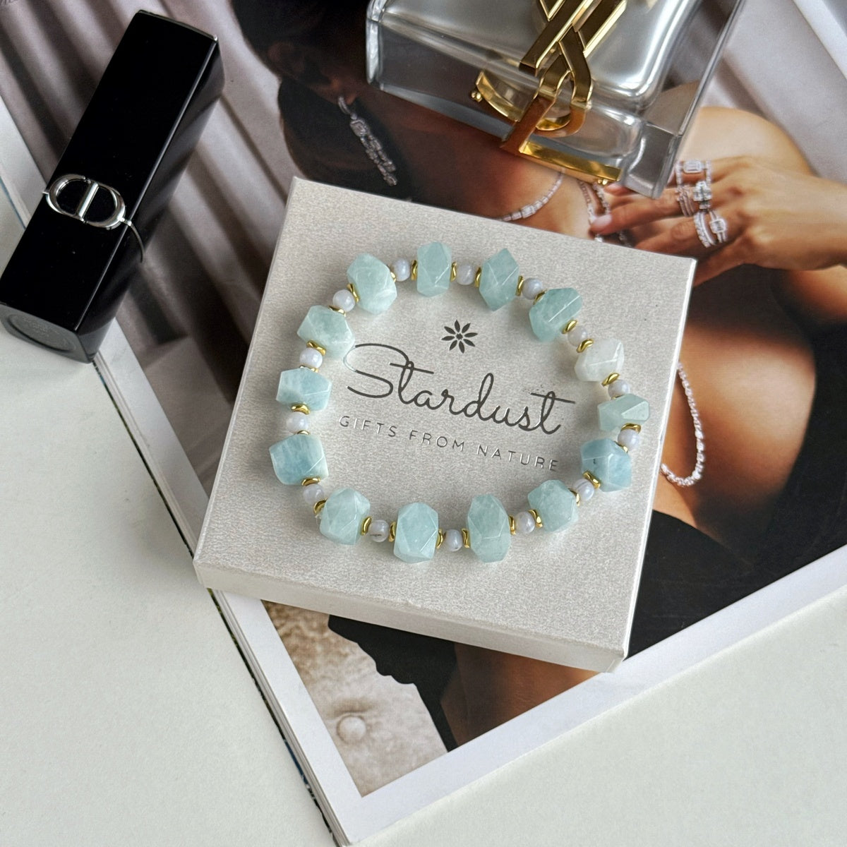 AQUA SERENITY | Faceted Aquamarine Bracelet with Gold Accents