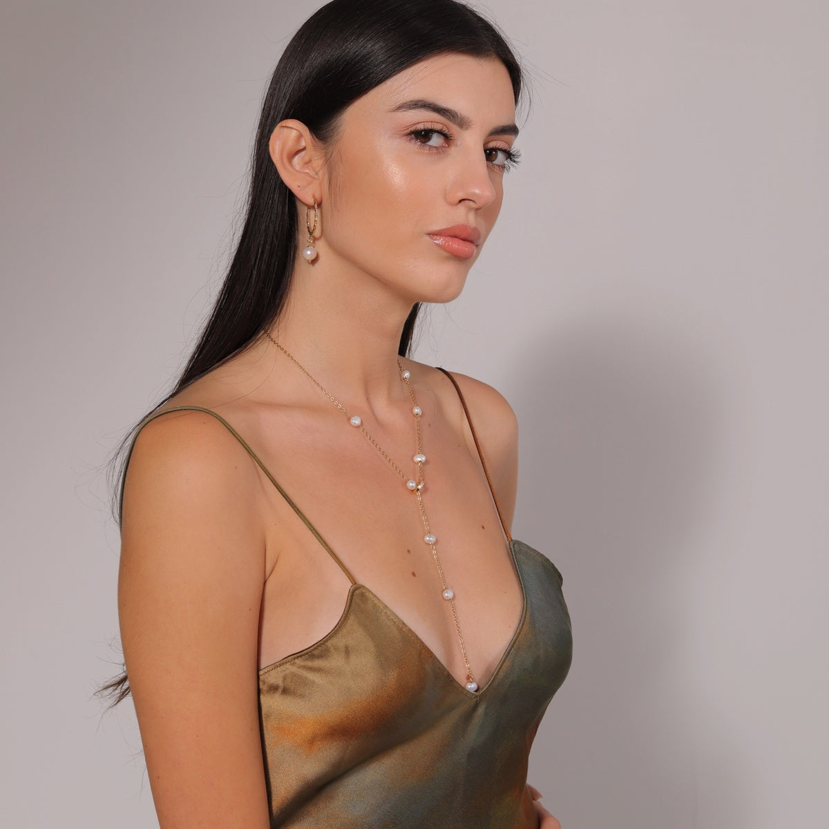Premium Asymmetrical Pearl Necklace, 18K Gold Plated, 5A Pearl Lariat Necklace, Zircon Clasp, Bridal Necklace