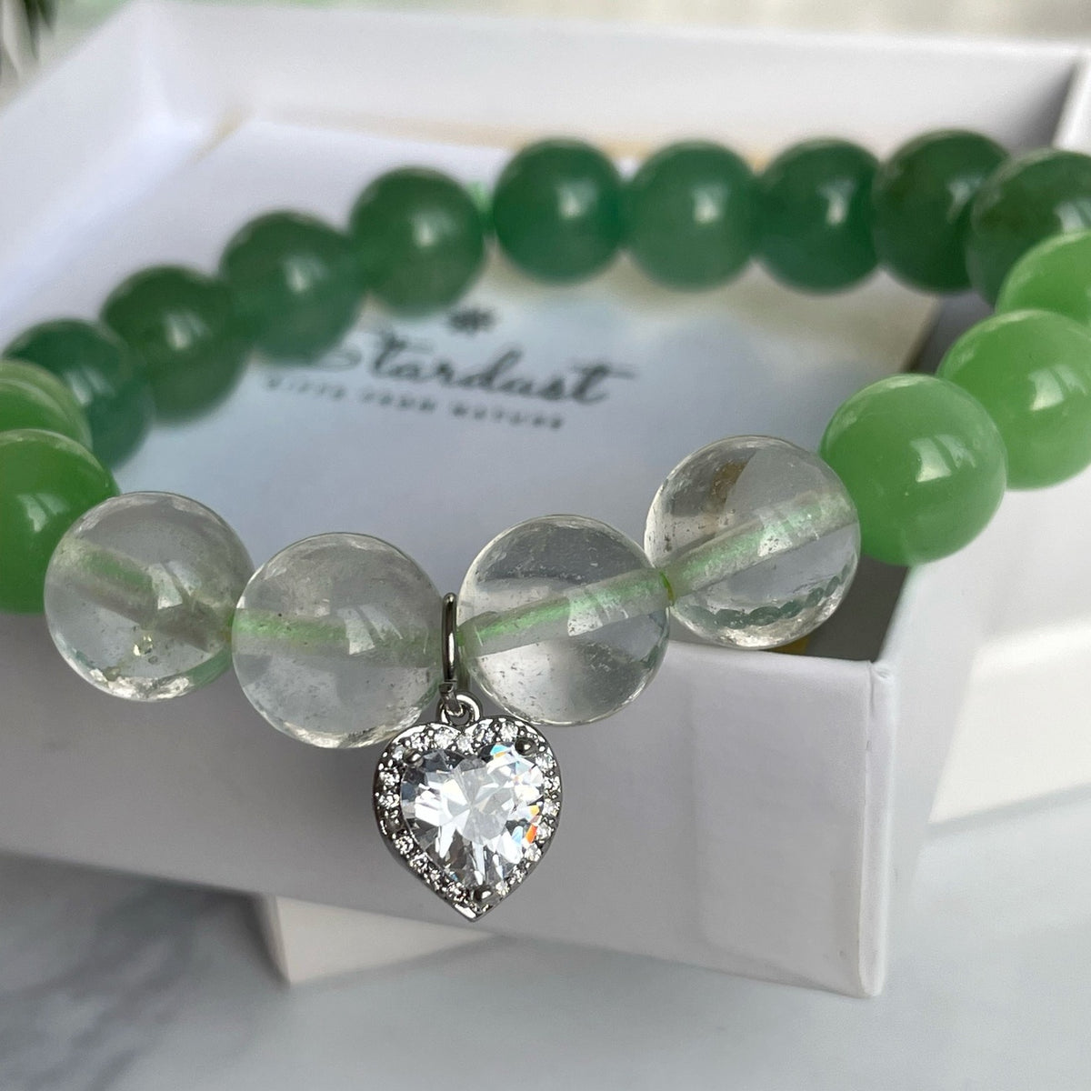 GREEN HARMONY | Aventurine & Clear Quartz Bracelet with Heart Charm