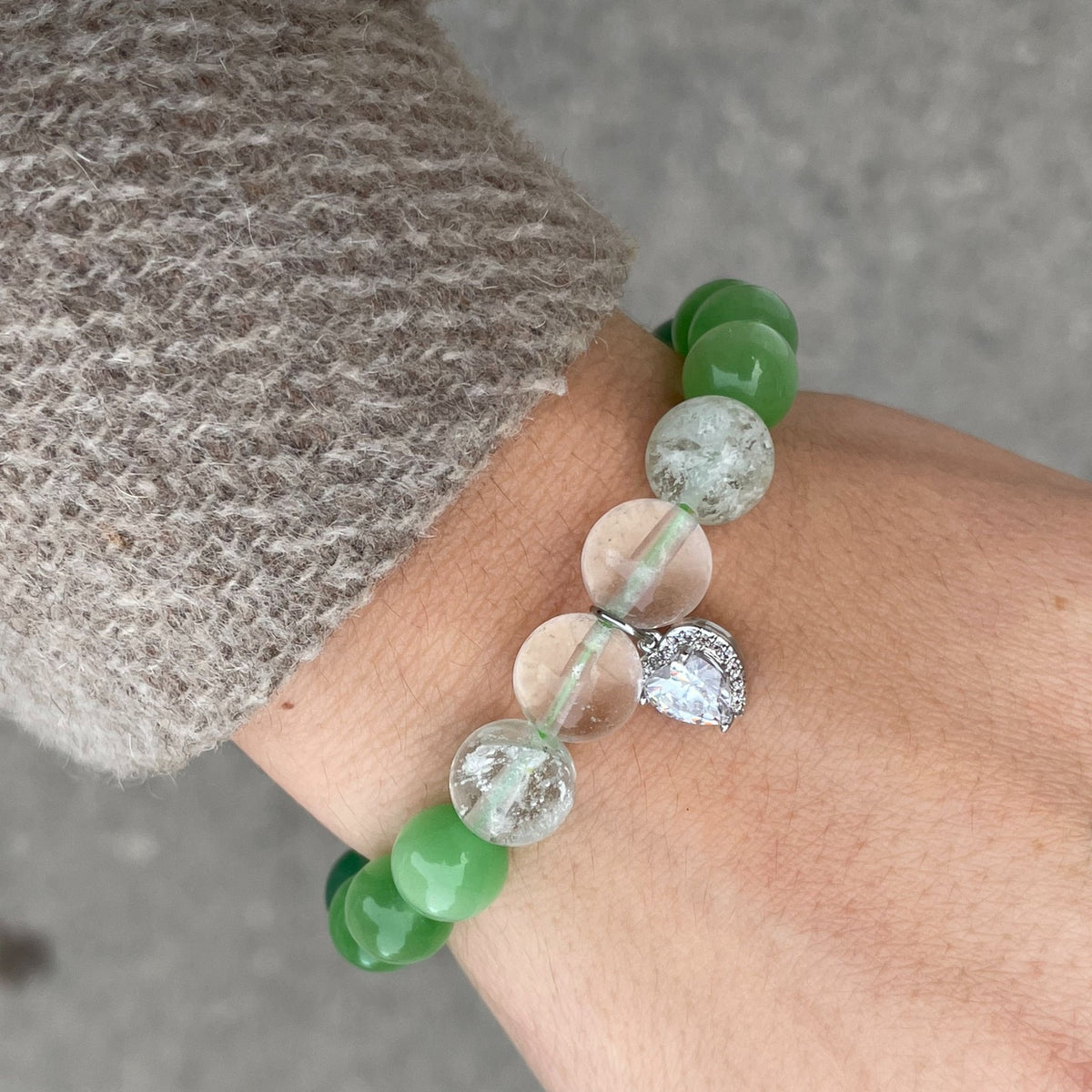 GREEN HARMONY | Aventurine & Clear Quartz Bracelet with Heart Charm