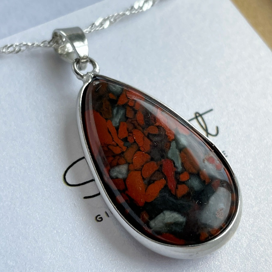 Natural Bloodstone Teardrop Pendant 3cm | Silver Necklace