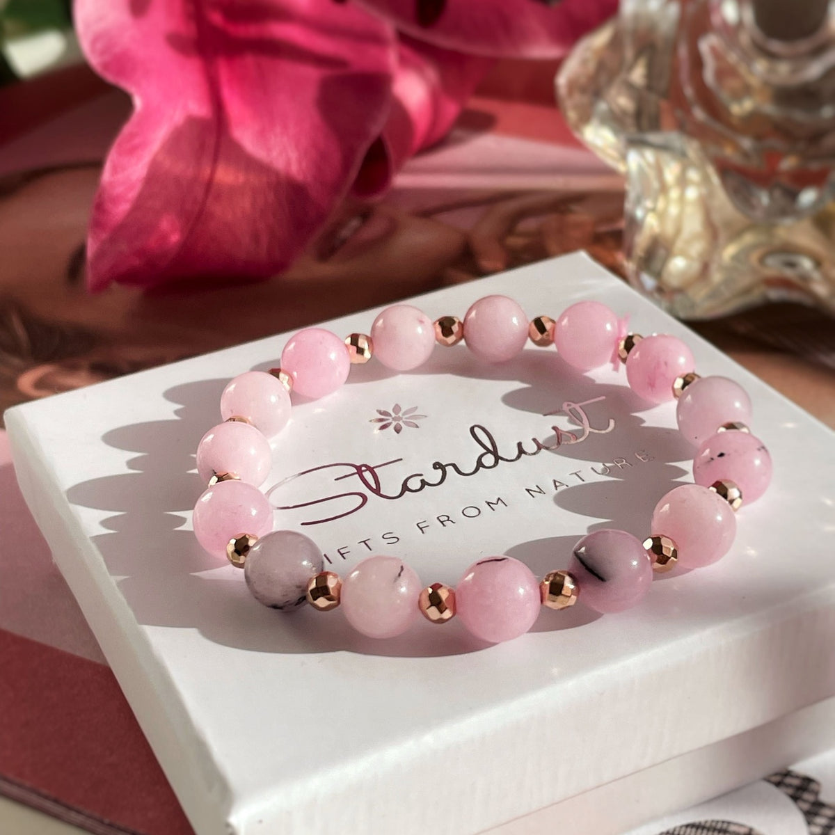 Pink Rhodonite Bracelet | Natural Gemstone & Rose Gold Hematite