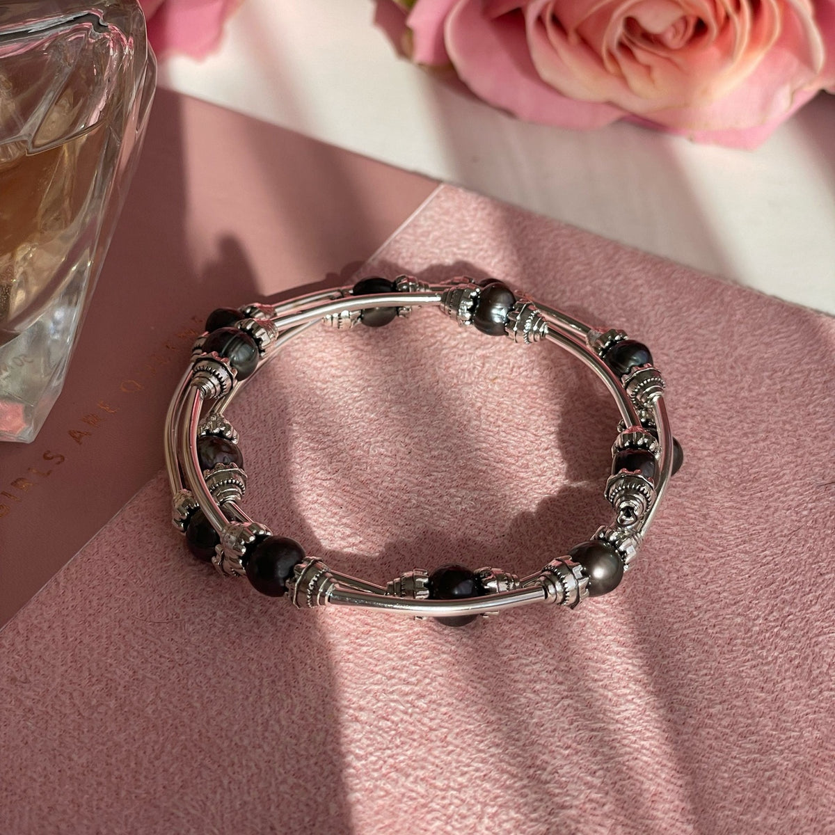 Genuine Black Pearl Triple Wrap Bracelet | Silver-Plated Bangle