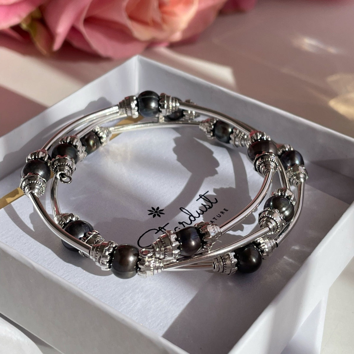 Genuine Black Pearl Triple Wrap Bracelet | Silver-Plated Bangle