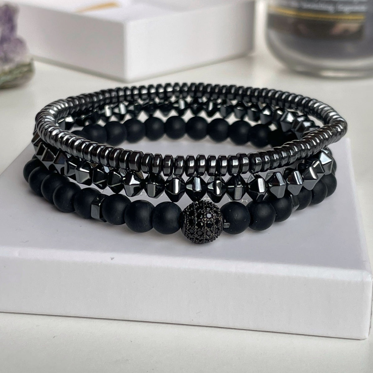 Men’s Black Onyx & Hematite Bracelet Set | Black Zircon