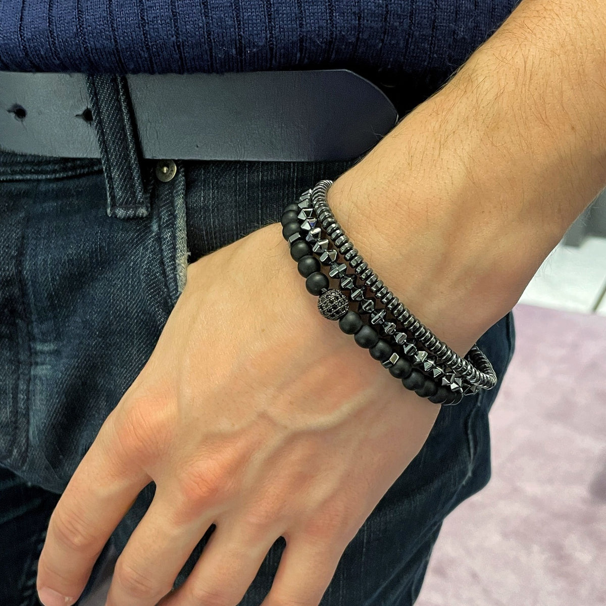 Men’s Black Onyx & Hematite Bracelet Set | Black Zircon