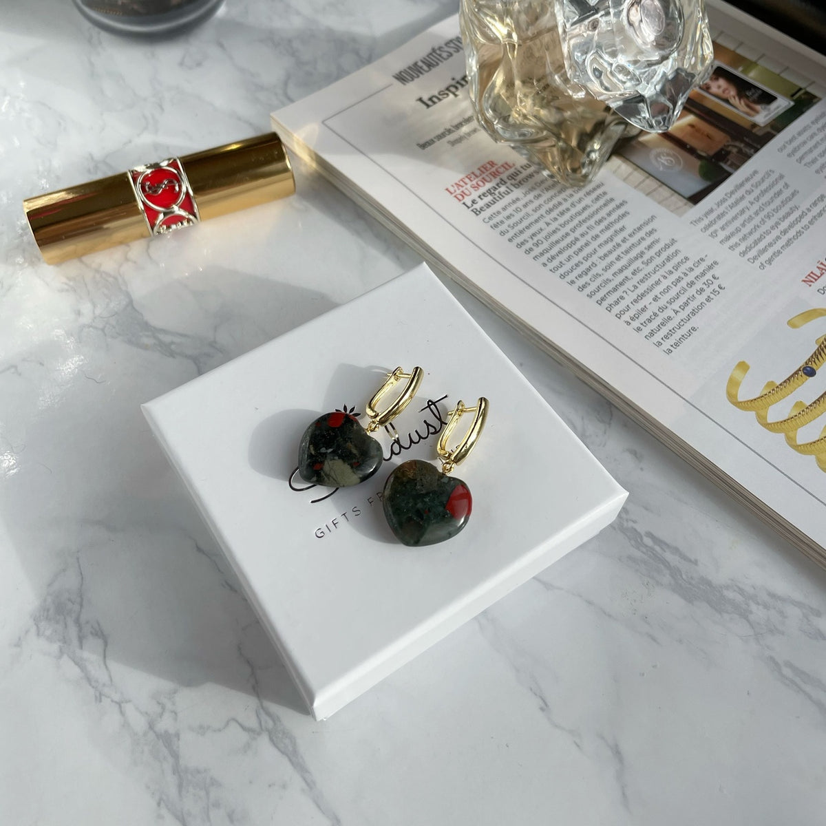 Bloodstone heart earrings gold plated