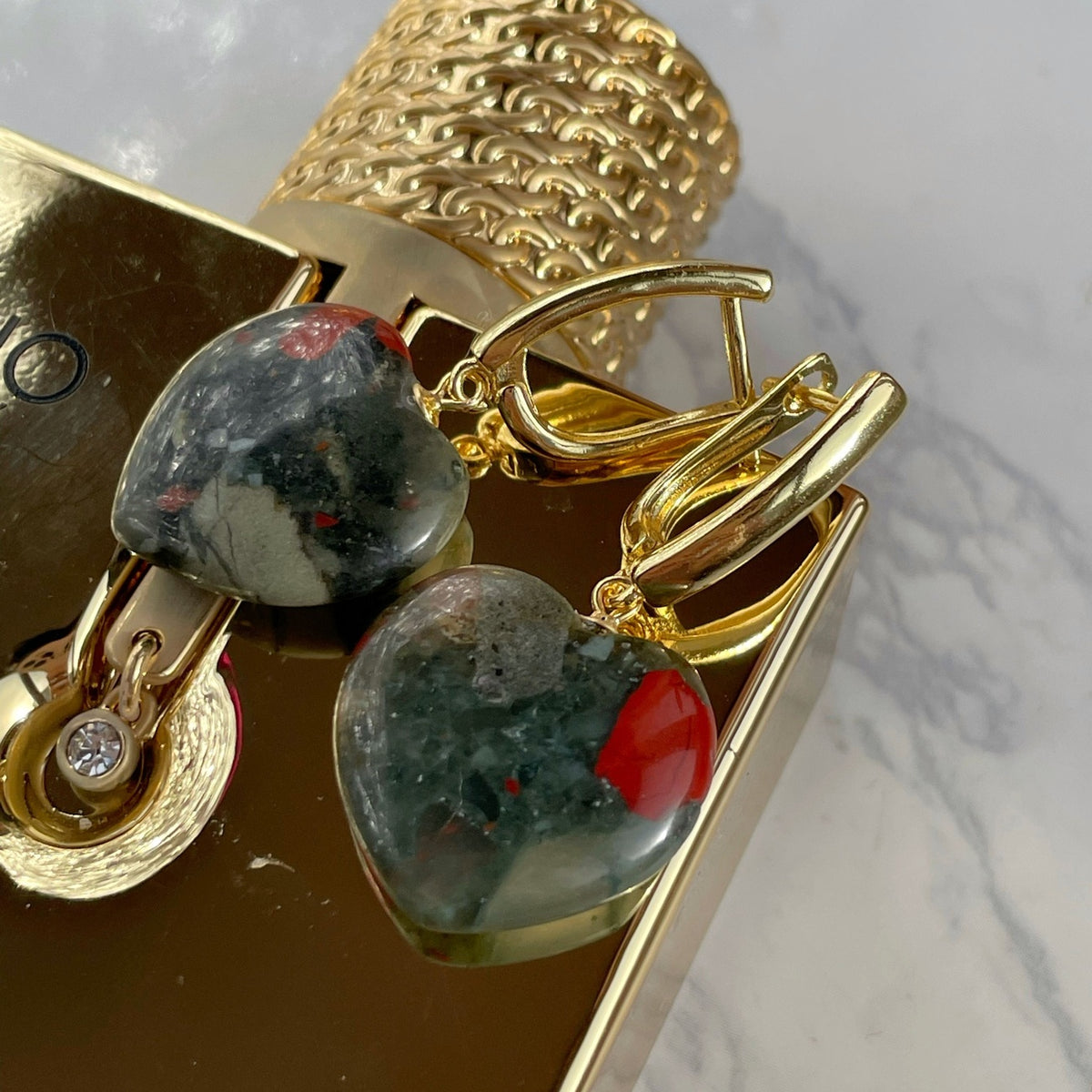 Bloodstone heart earrings gold plated