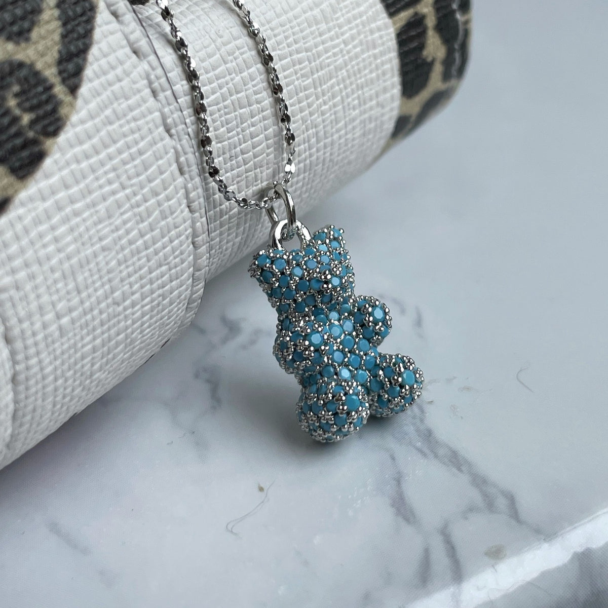 Premium Blue Teddy Bear Necklace | Austrian Cubic Zirconia & Sterling Silver