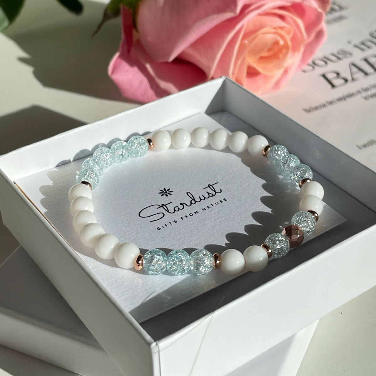 Blue Sugar Quartz Bracelet | White Agate & Rose Gold Accents