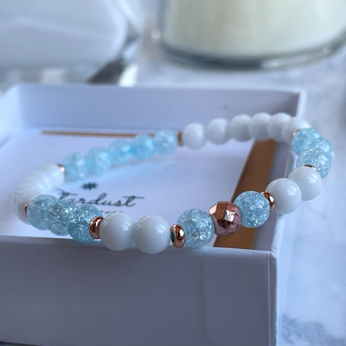 Blue Sugar Quartz Bracelet | White Agate & Rose Gold Accents