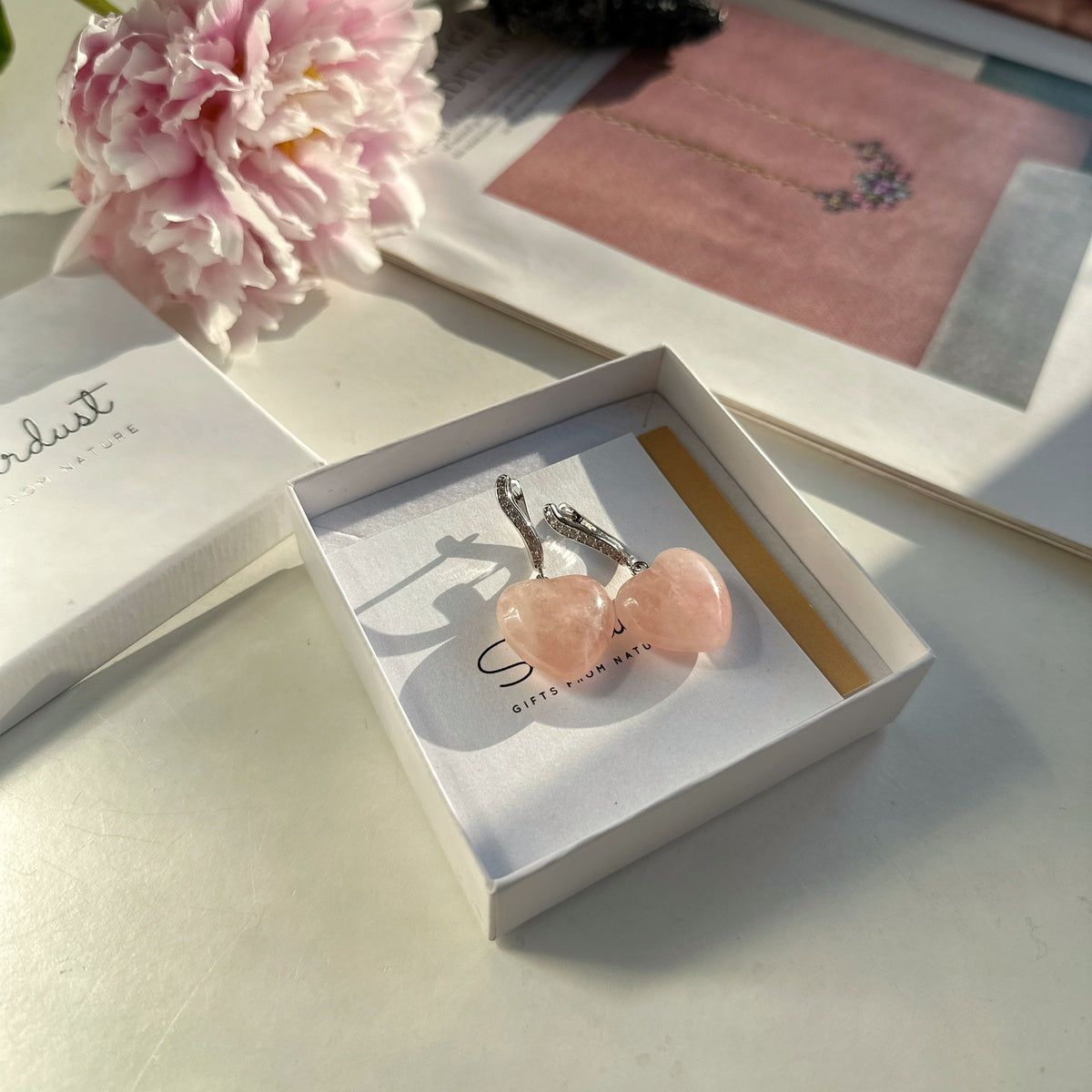 Rose Quartz Heart Earrings | Rhodium-Plated & Sparkling Zirconia
