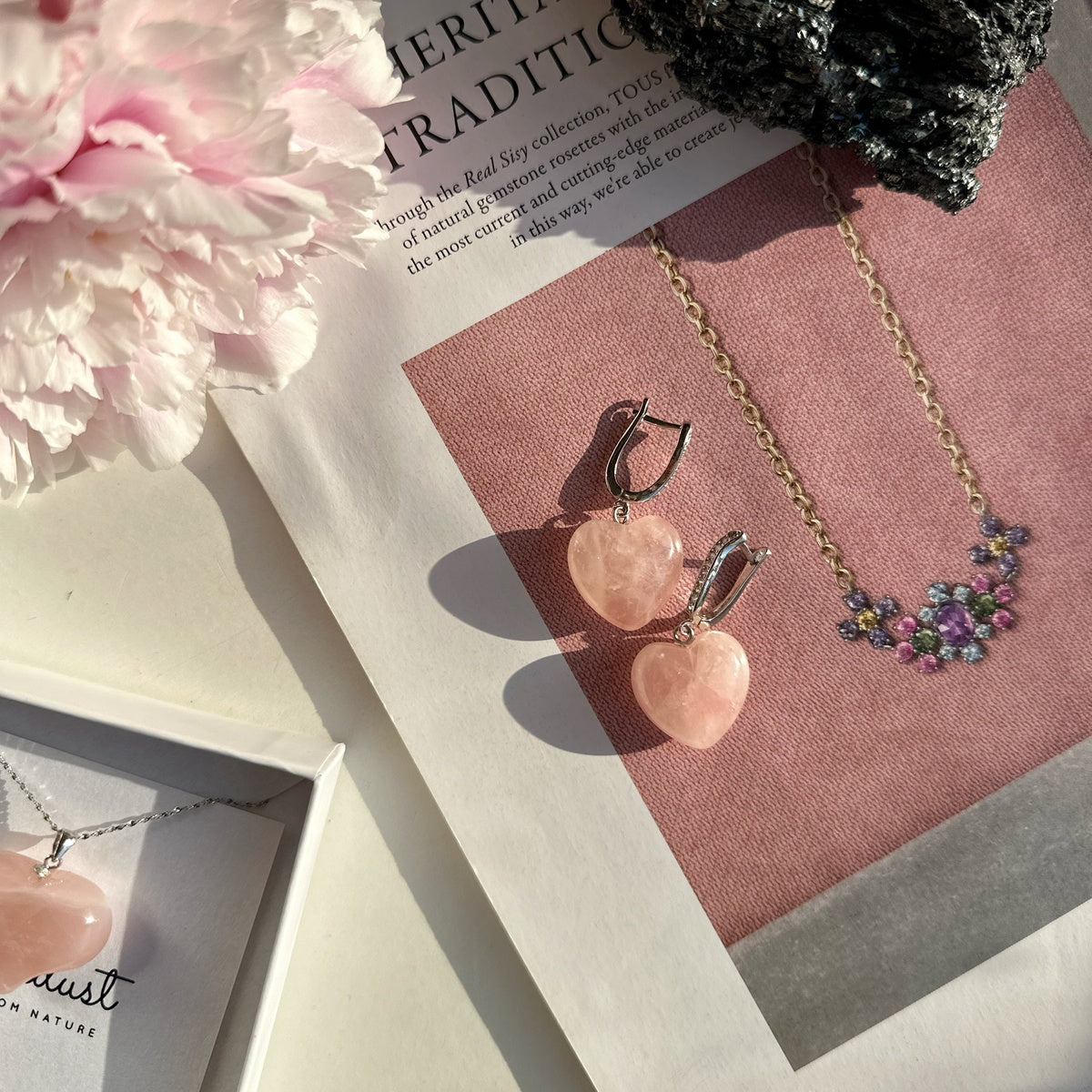 Rose Quartz Heart Earrings | Rhodium-Plated & Sparkling Zirconia