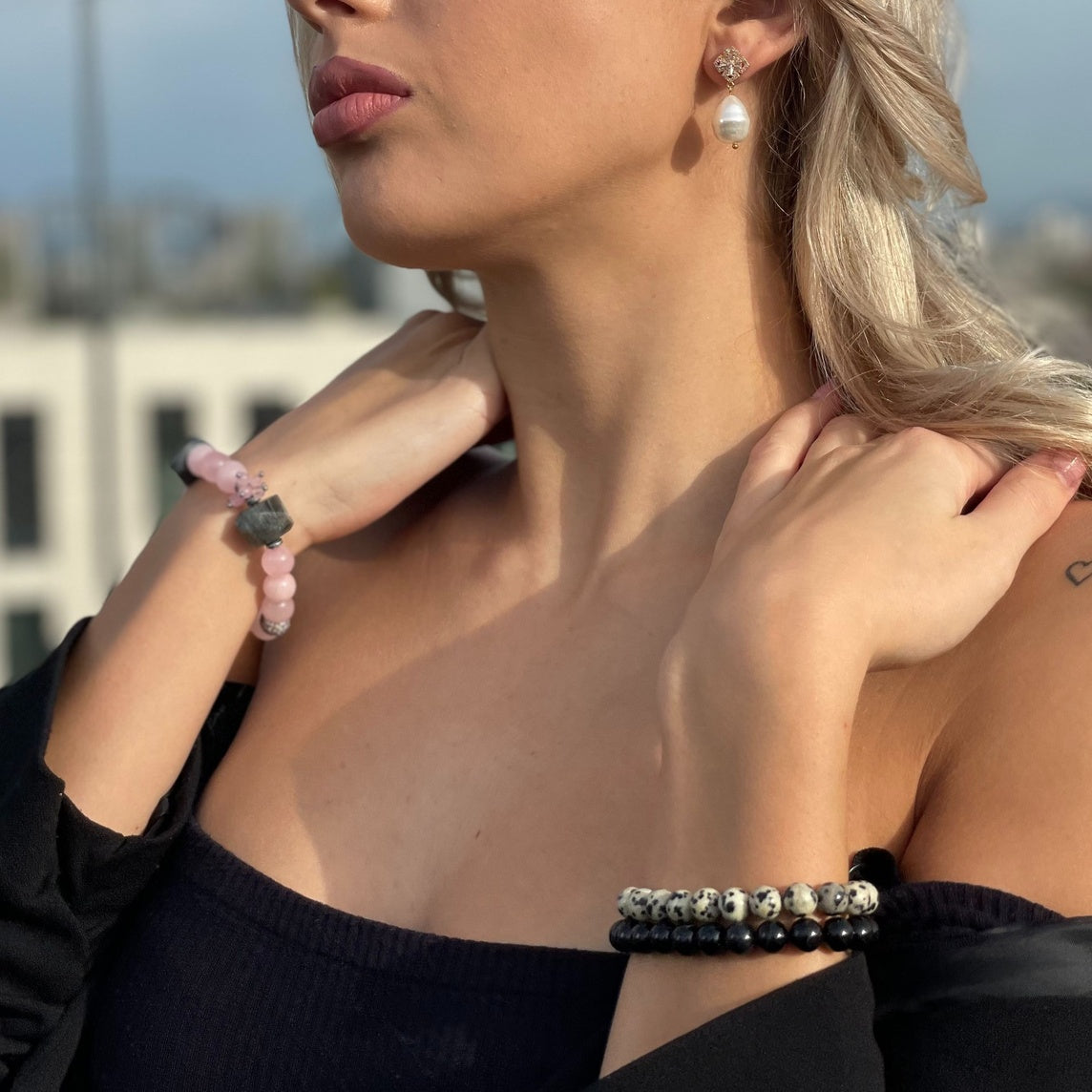 Women’s Dalmatian Jasper & Black Onyx Bracelet Set