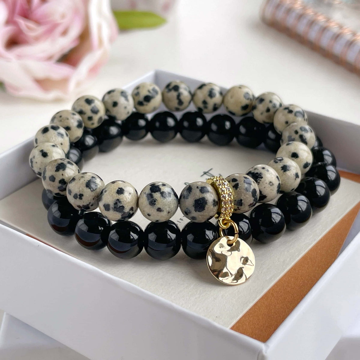 Women’s Dalmatian Jasper & Black Onyx Bracelet Set
