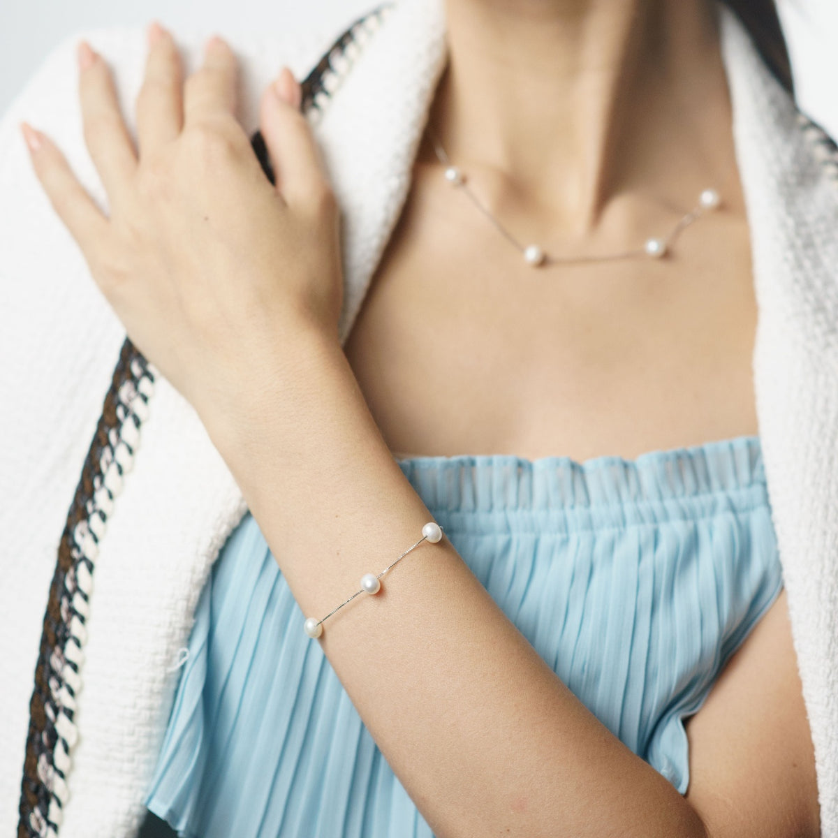 White Pearl Necklace & Bracelet on Sterling Silver