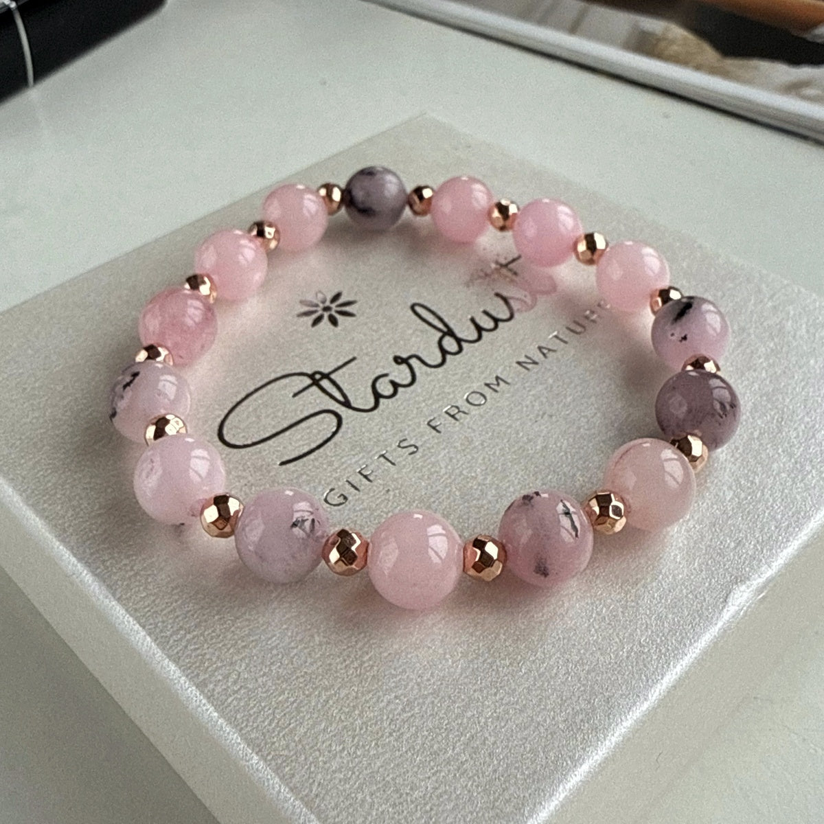 Pink Rhodonite Bracelet | Natural Gemstone & Rose Gold Hematite
