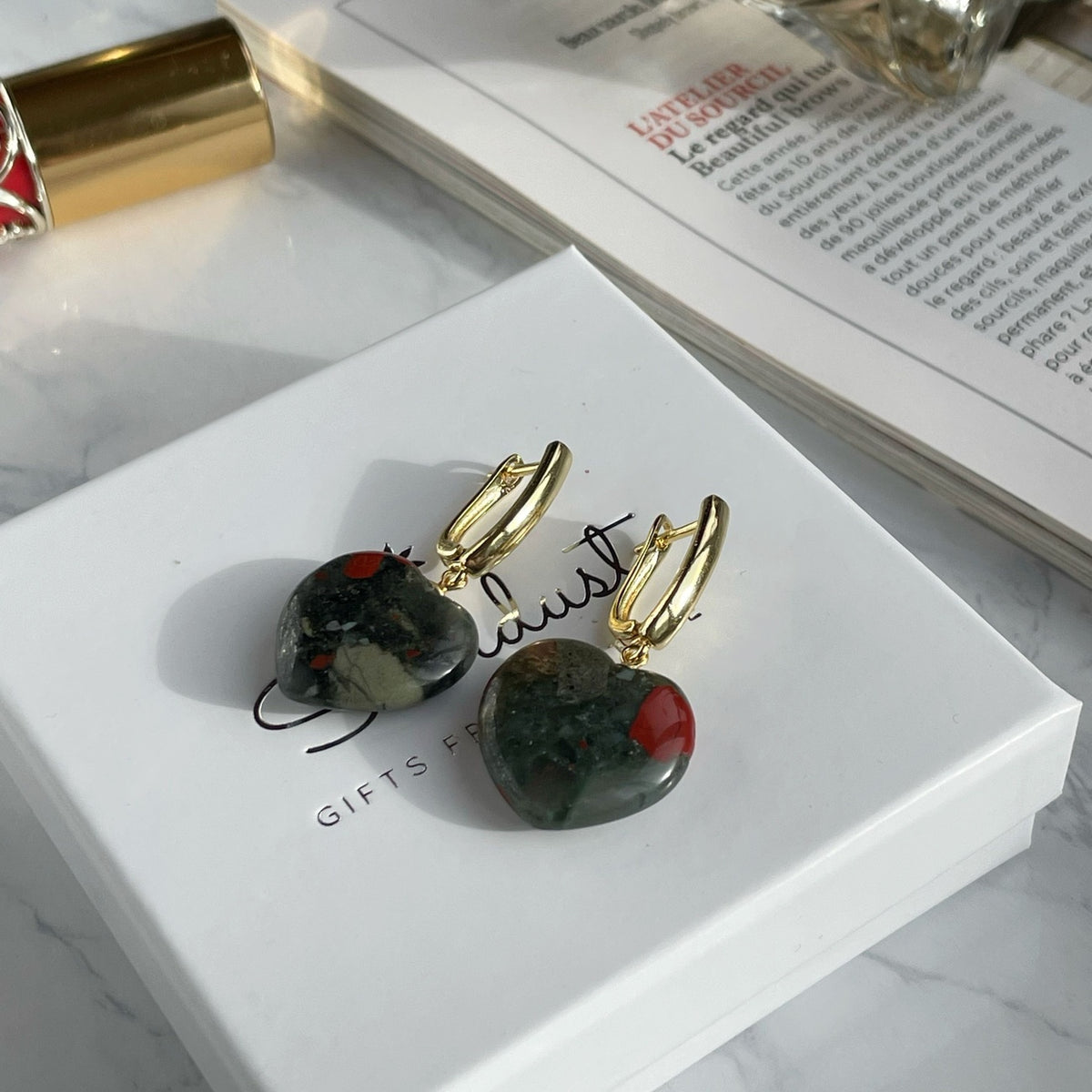 Bloodstone heart earrings gold plated