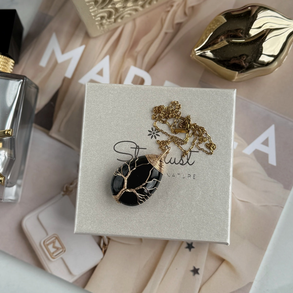 Obsidian Pendant, gold wired Tree Of Life pendant