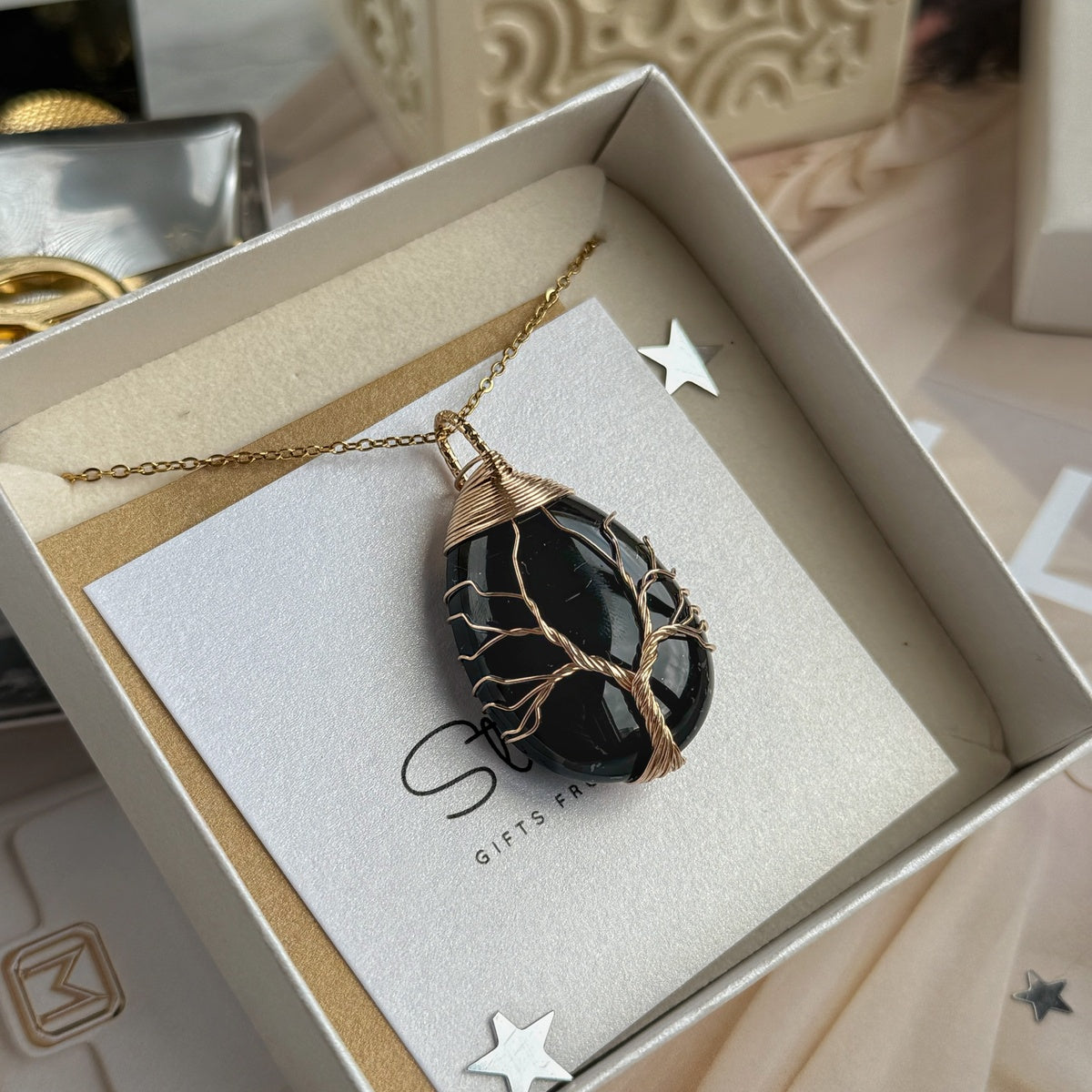 Obsidian Pendant, gold wired Tree Of Life pendant