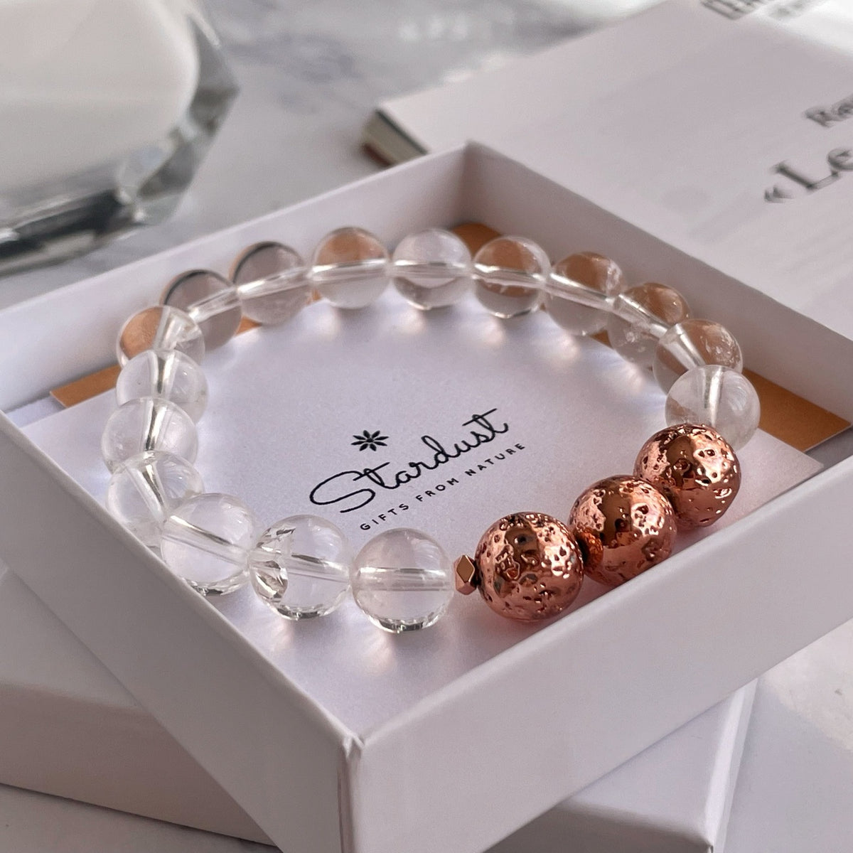 Natural Clear Quartz bracelet with rose gold Lava stone