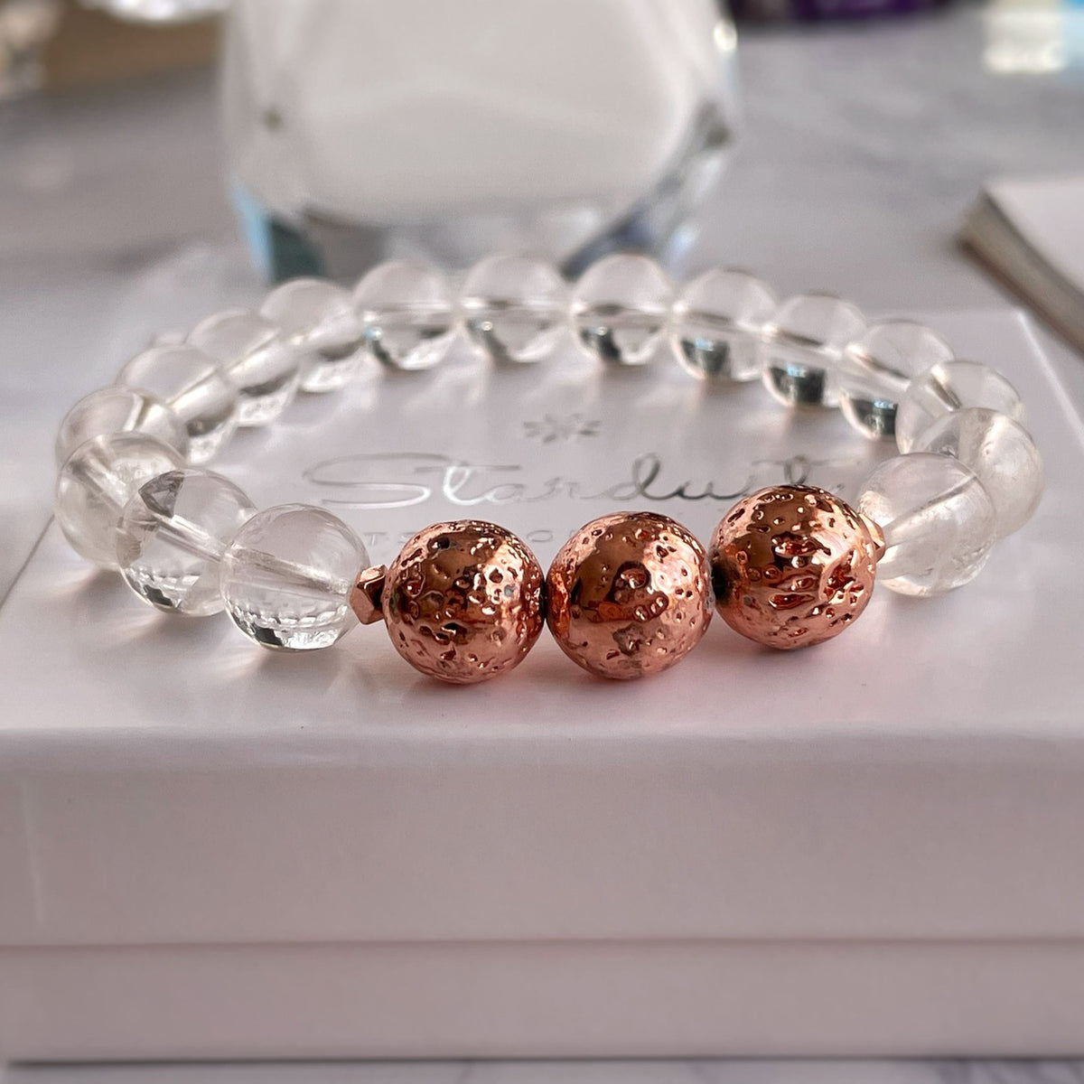 Natural Clear Quartz bracelet with rose gold Lava stone