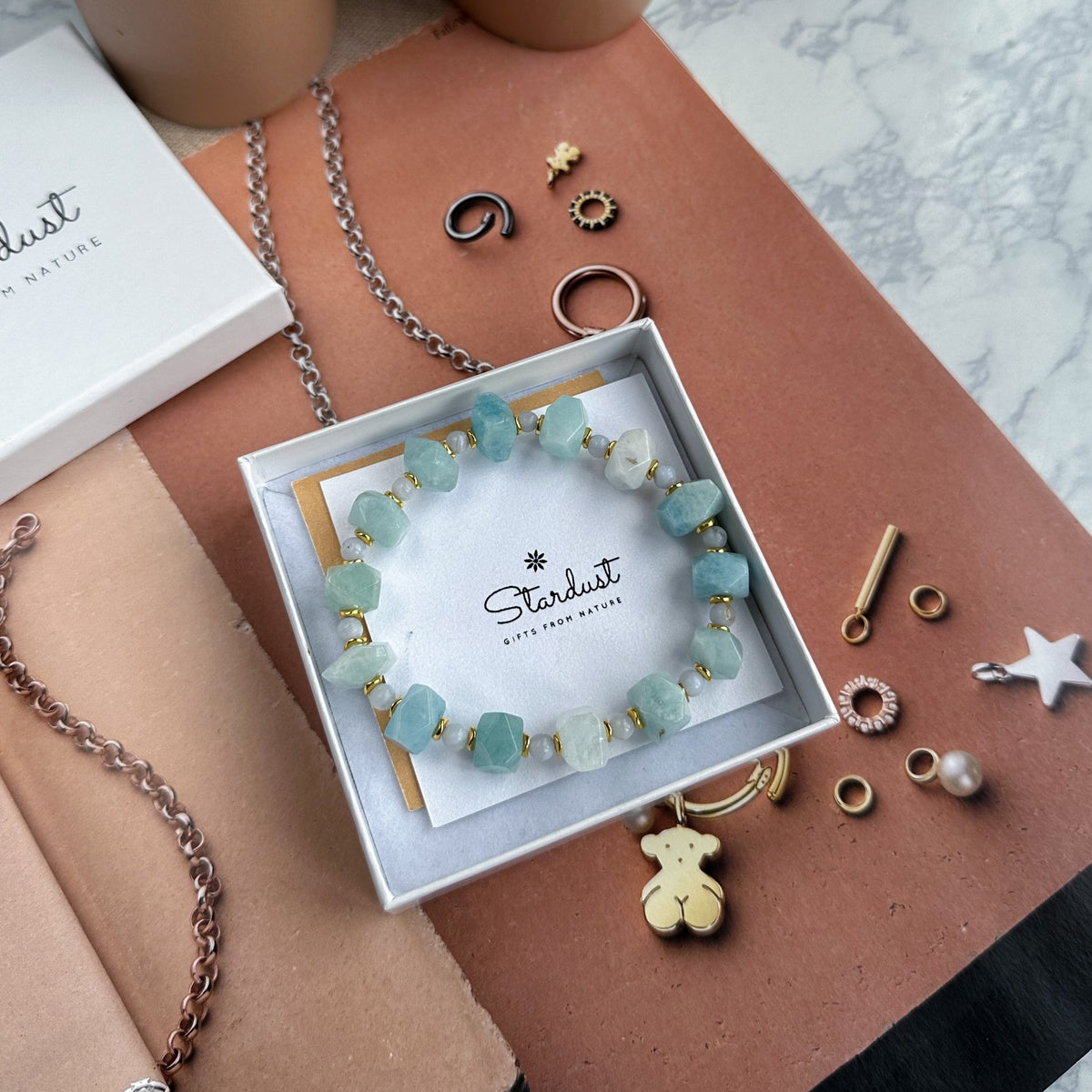 AQUA SERENITY | Faceted Aquamarine Bracelet with Gold Accents