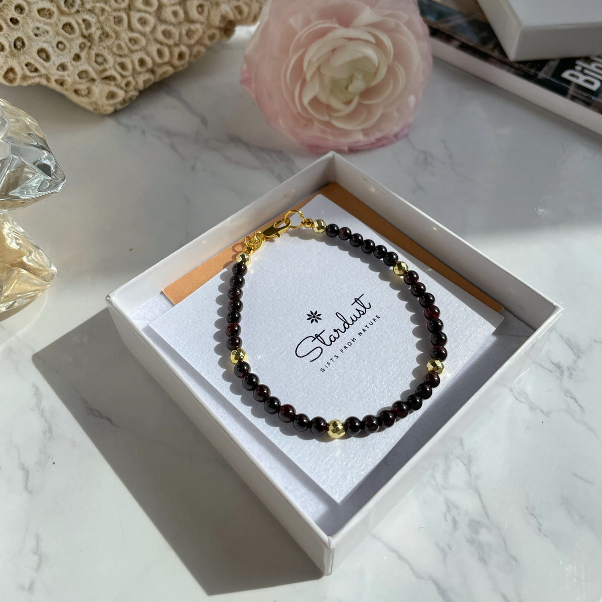 Skinny beaded Garnet bracelet with gold hematite 5mm