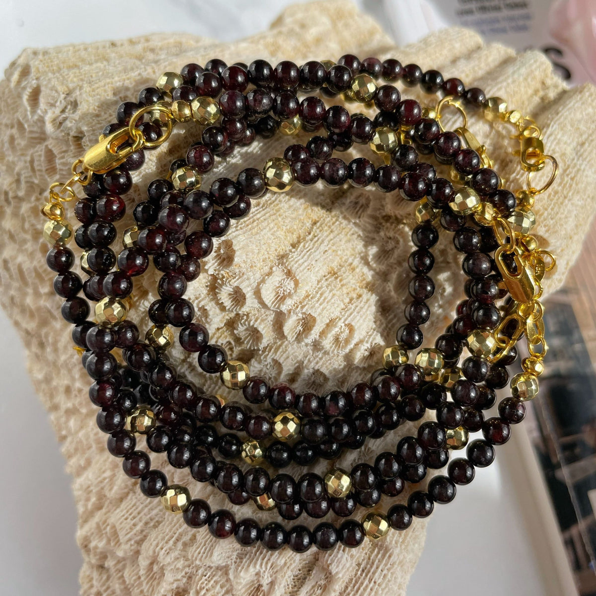 Skinny beaded Garnet bracelet with gold hematite 5mm