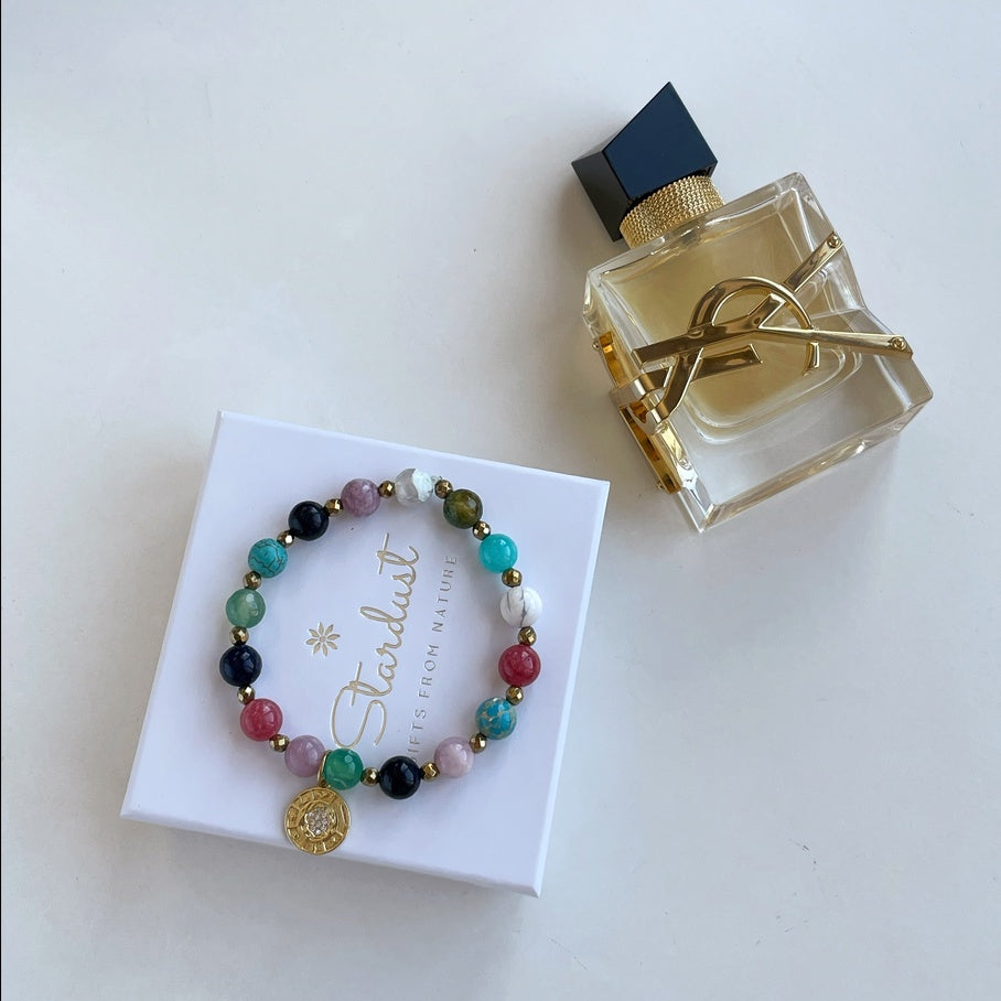 HARMONY | Colorful Gemstone Bracelet with Gold Coin Charm