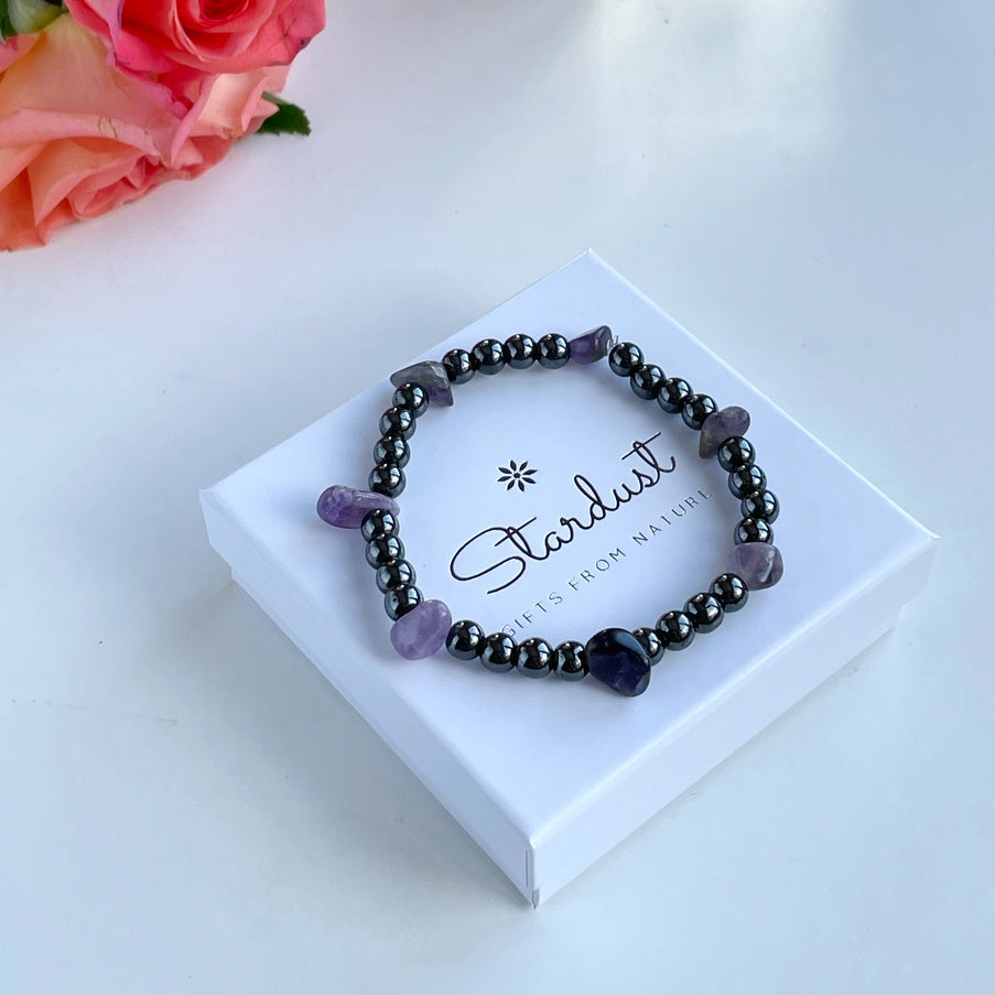 Hematite & Amethyst Bracelet | Natural Grey Gemstone Jewelry