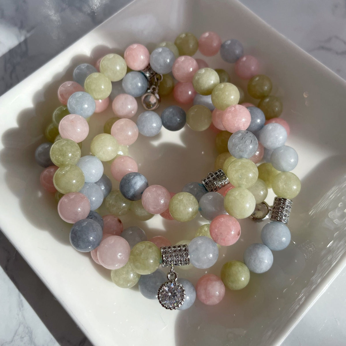 Tender Grace | Natural Morganite Beaded Bracelet with Sparkling Zircon Charm