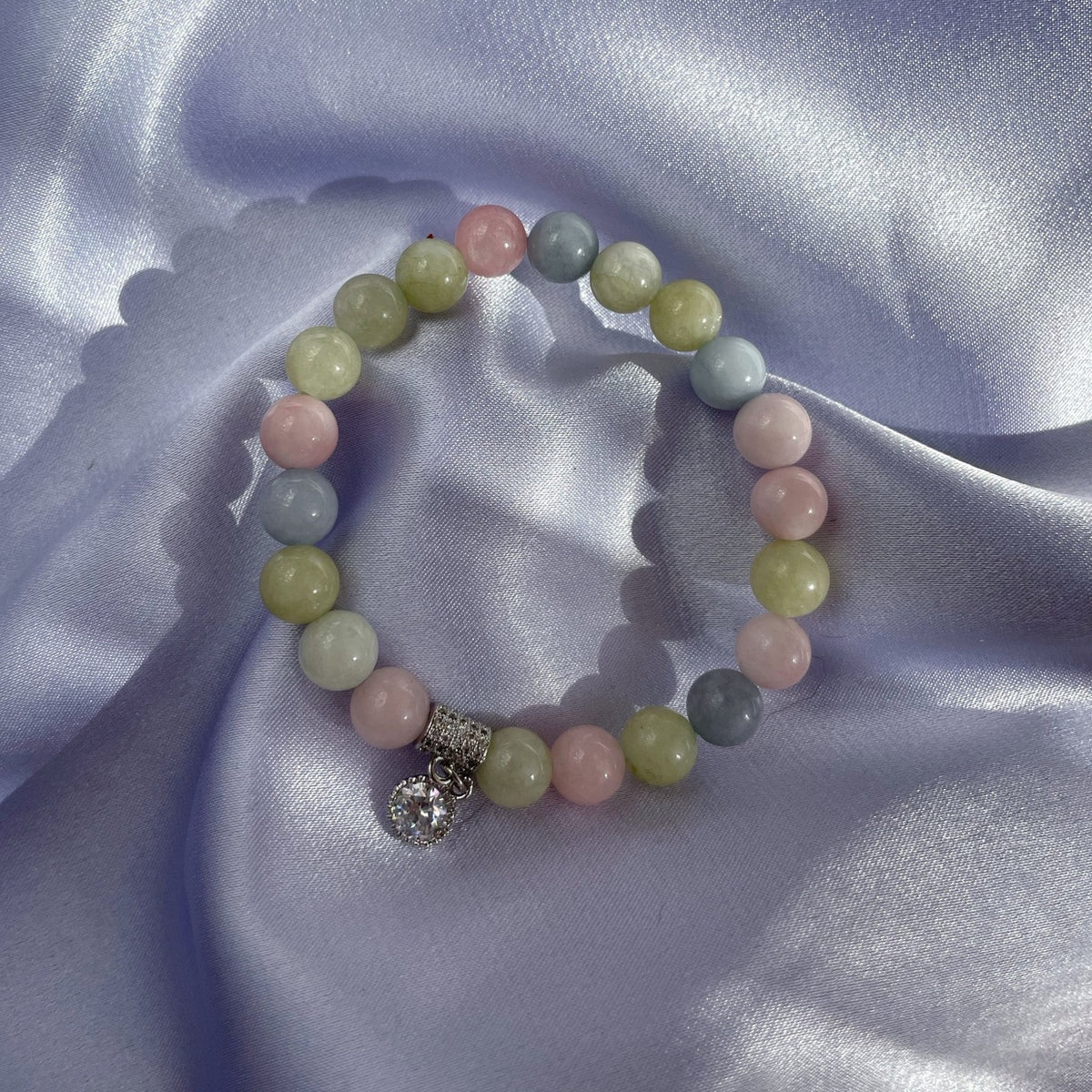 Tender Grace | Natural Morganite Beaded Bracelet with Sparkling Zircon Charm