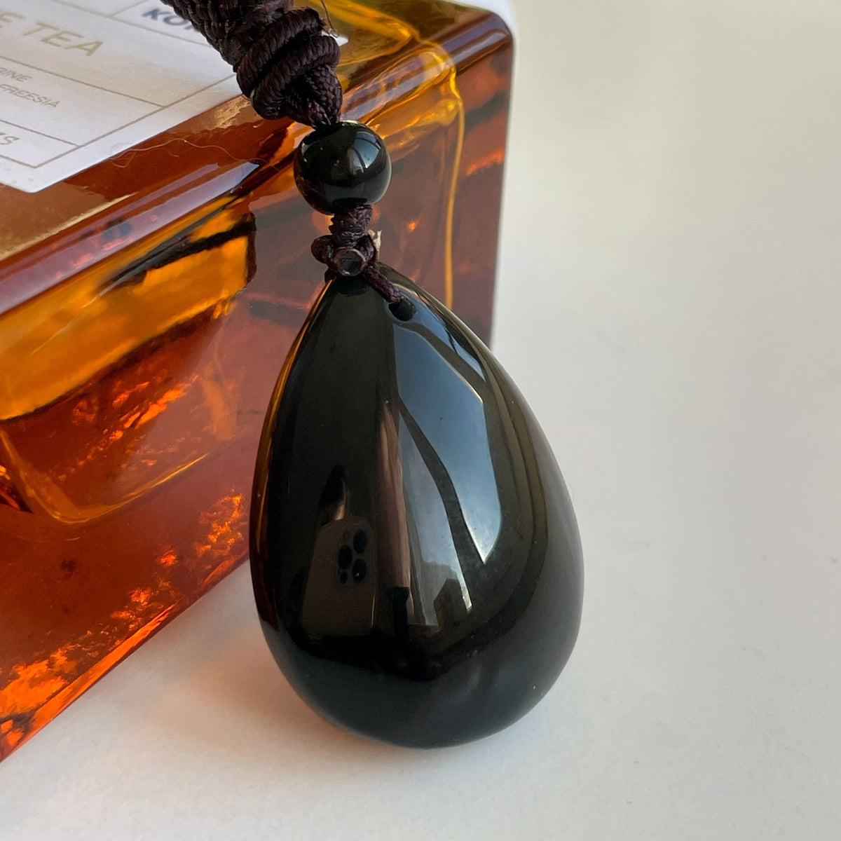 Natural Sheen Obsidian drop pendant necklace on silk rope