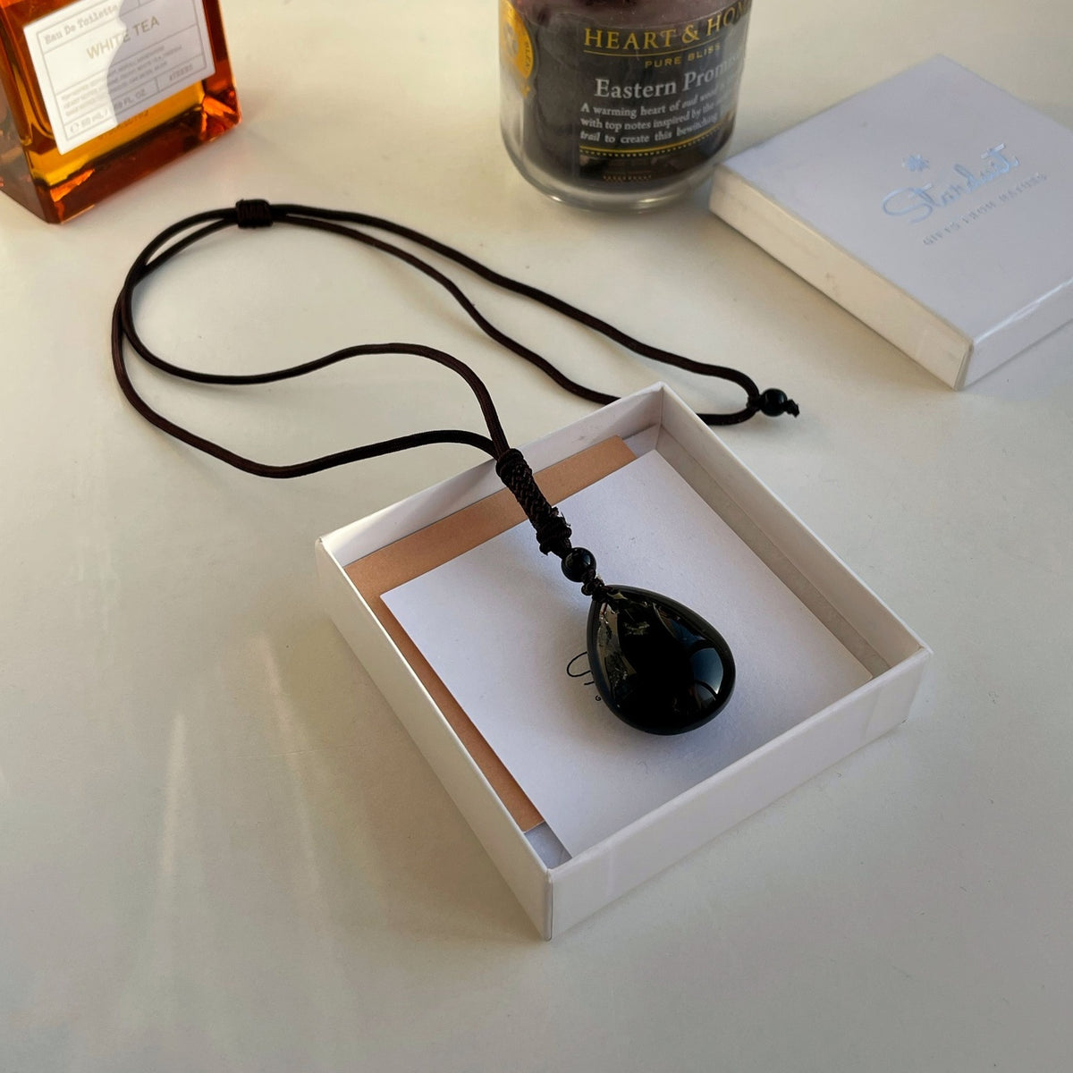 Natural Sheen Obsidian drop pendant necklace on silk rope