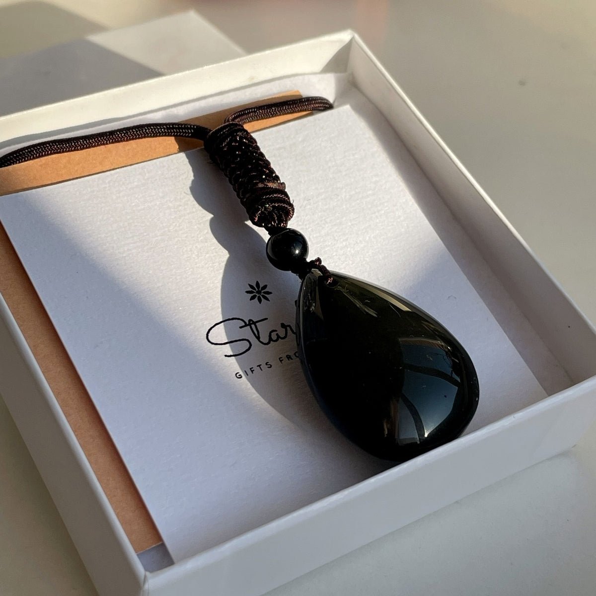 Natural Sheen Obsidian drop pendant necklace on silk rope