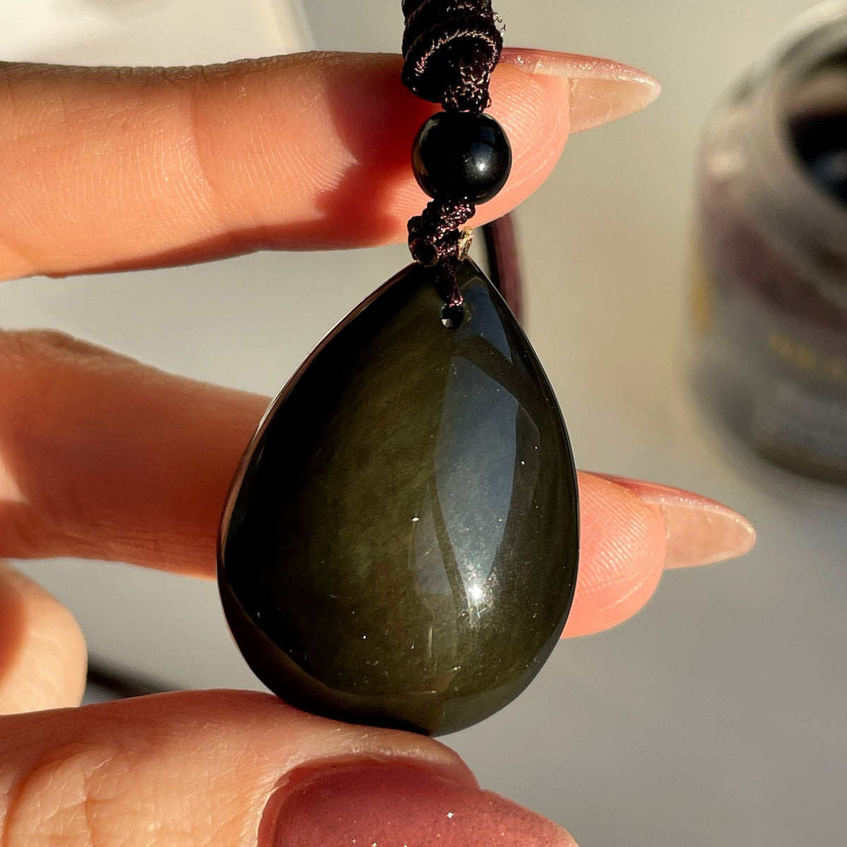 Natural Sheen Obsidian drop pendant necklace on silk rope
