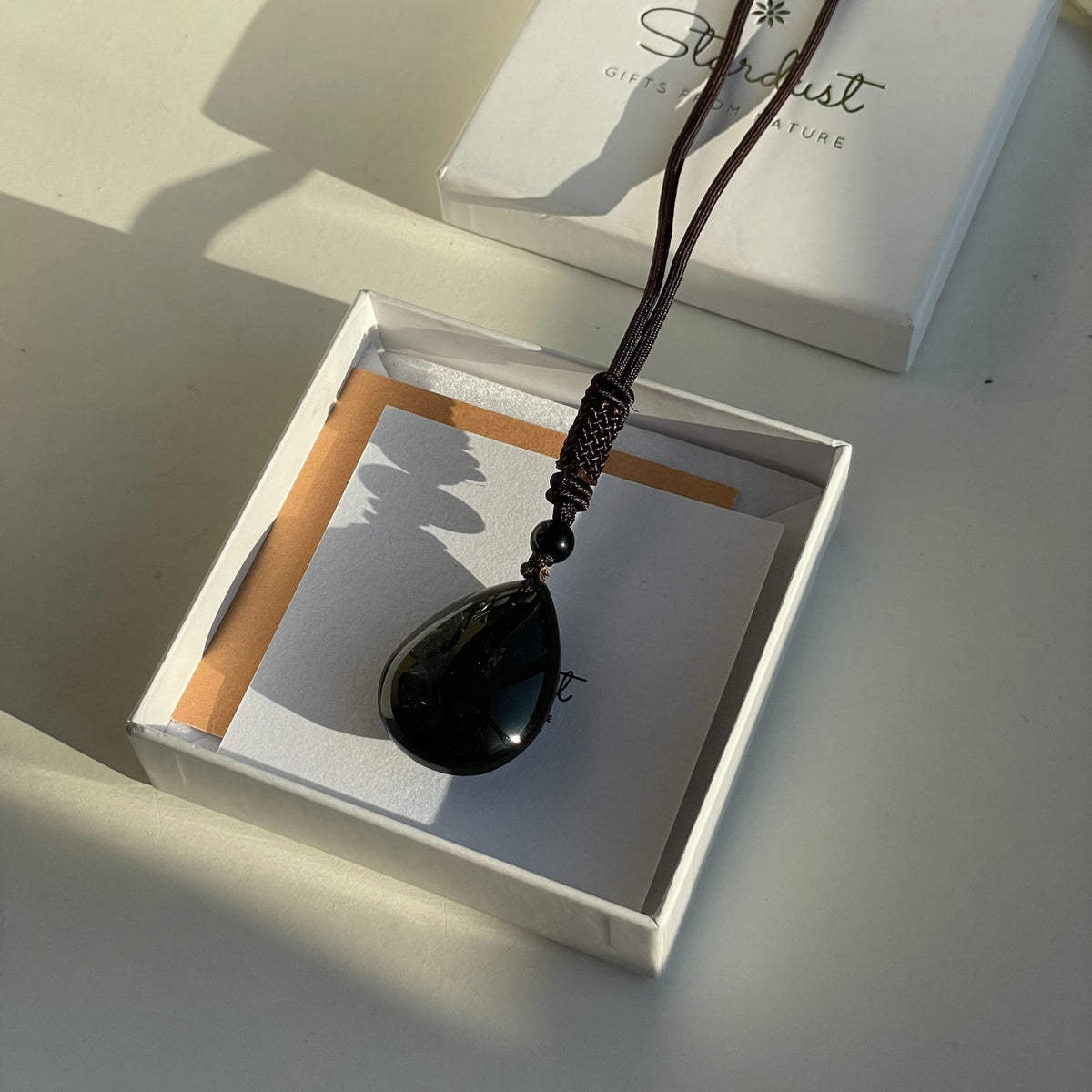 Natural Sheen Obsidian drop pendant necklace on silk rope