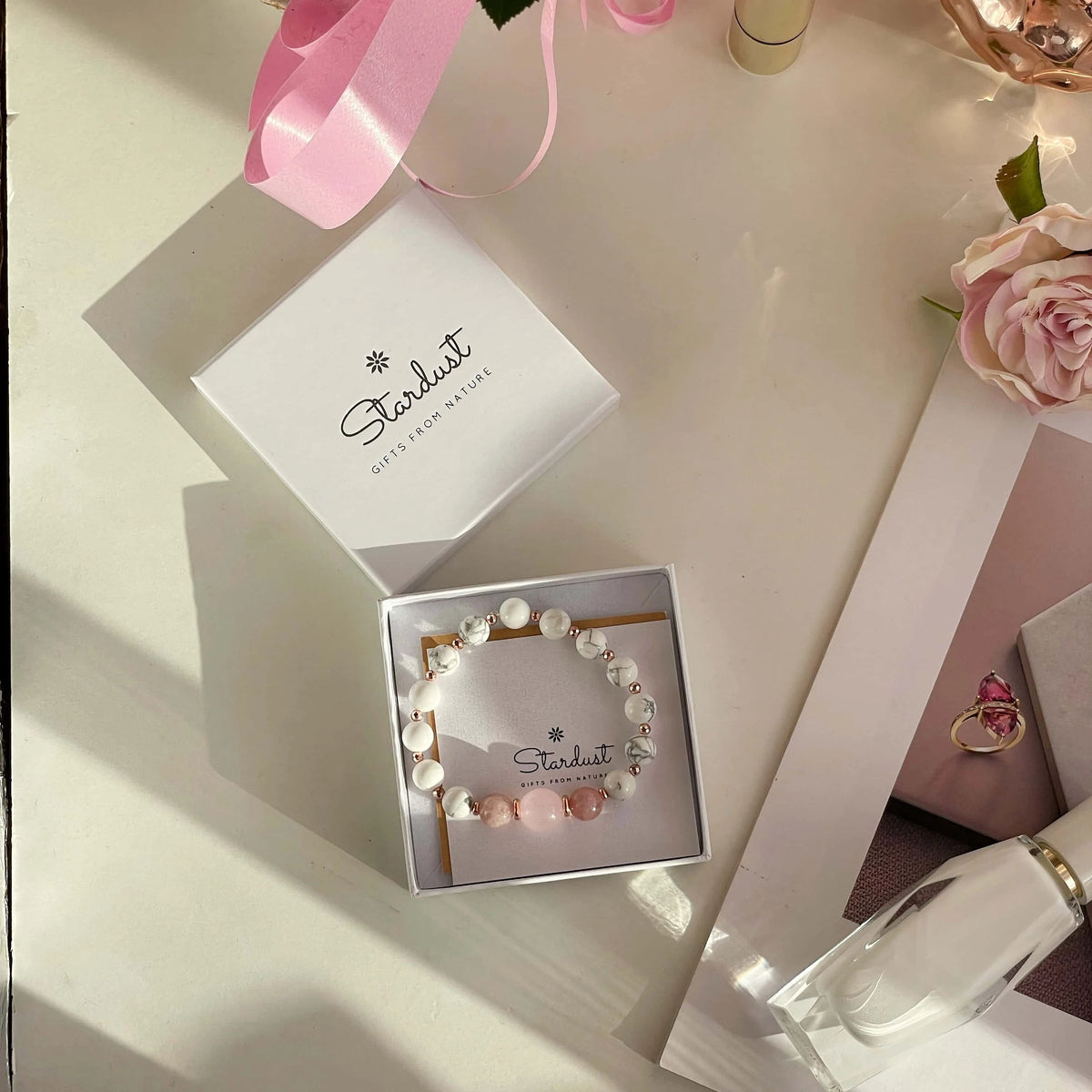 White Howlite, Rose Quartz & Kunzite Bracelet | Rose Gold