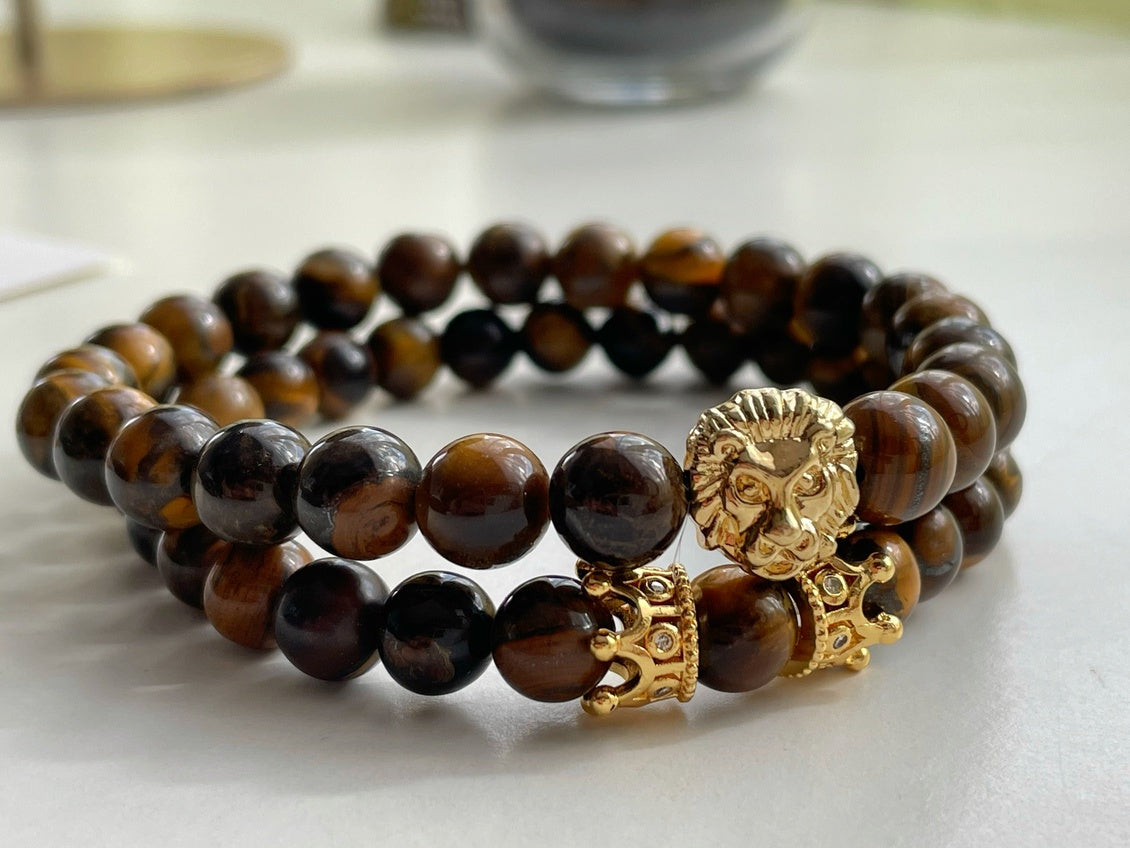 Men’s Tiger Eye Bracelet Set | Silver, Gold & Black Lion