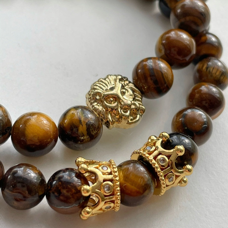 Men’s Tiger Eye Bracelet Set | Silver, Gold & Black Lion