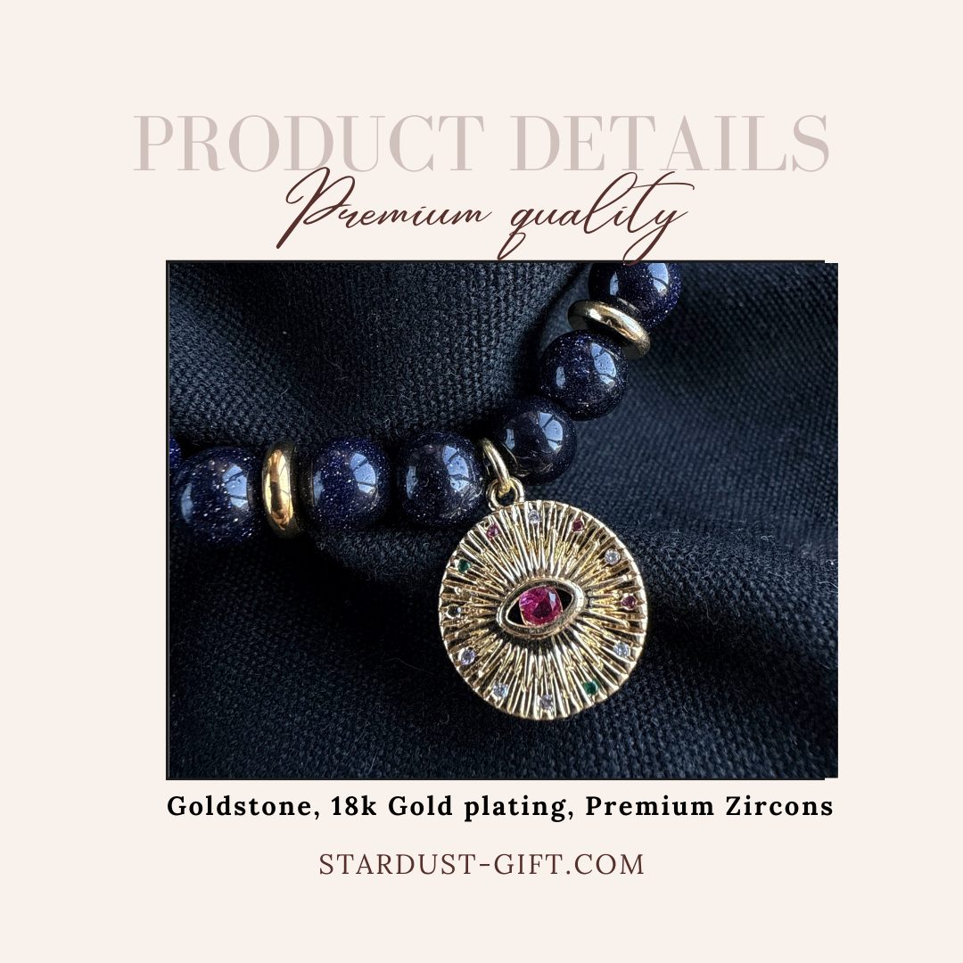 Black Goldstone Bracelet | Antique Gold Eye Charm & Pink Zirconia