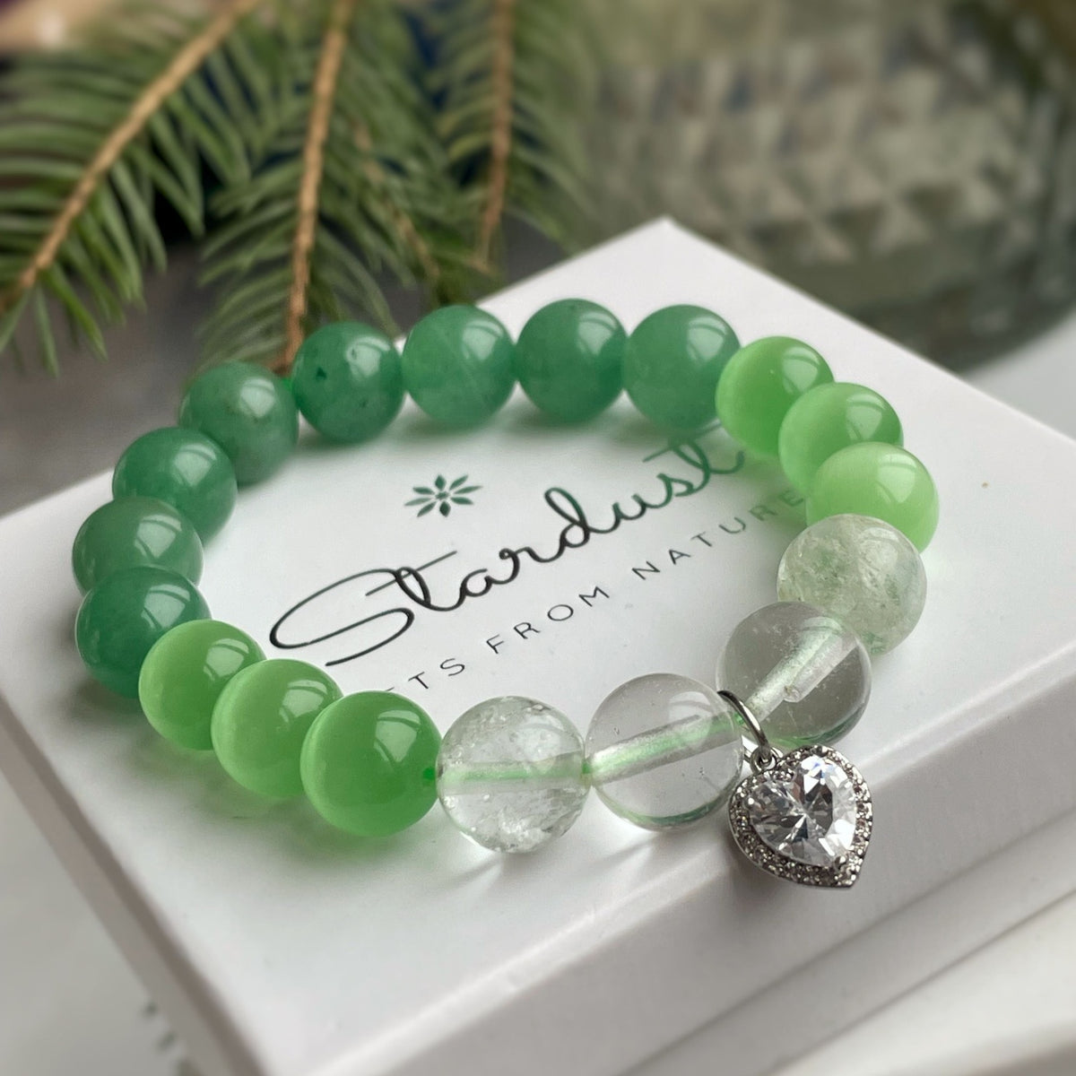 GREEN HARMONY | Aventurine & Clear Quartz Bracelet with Heart Charm