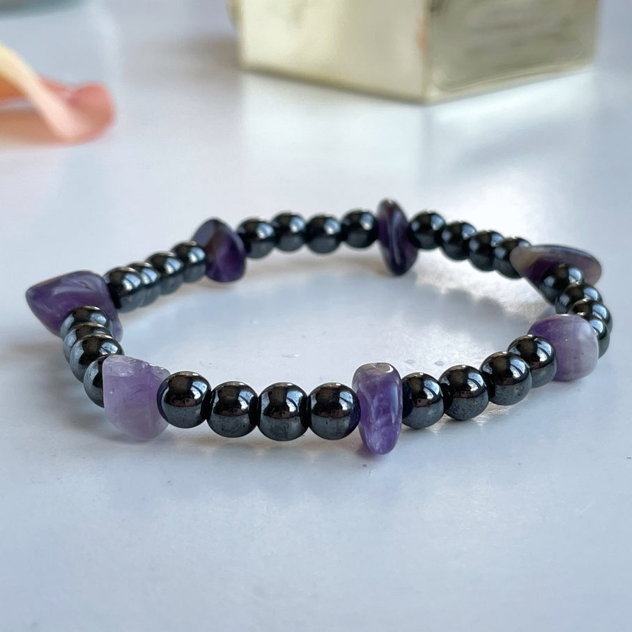 Hematite & Amethyst Bracelet | Natural Grey Gemstone Jewelry