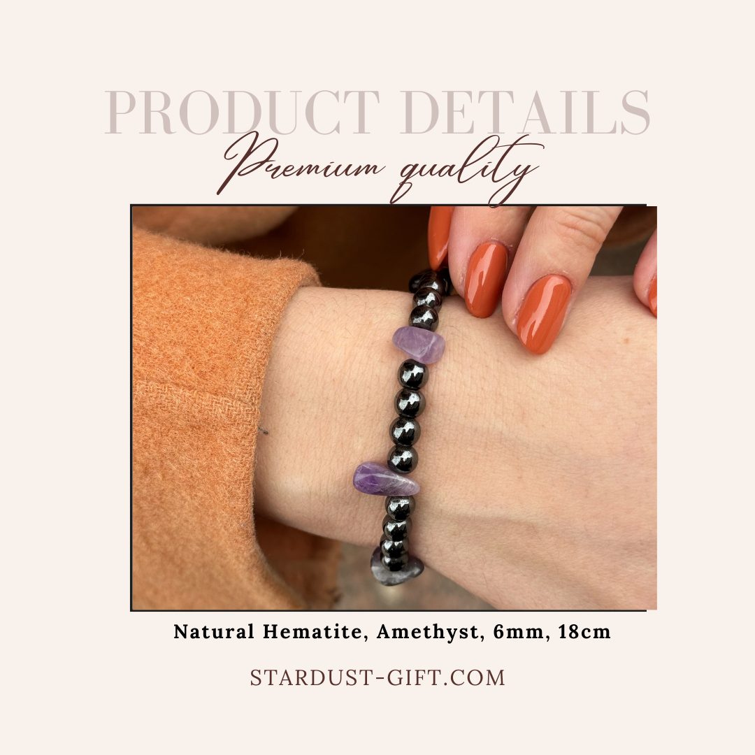 Hematite & Amethyst Bracelet | Natural Grey Gemstone Jewelry