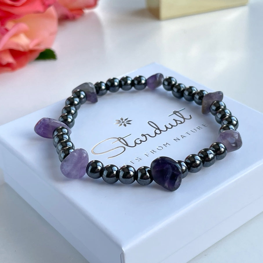 Hematite & Amethyst Bracelet | Natural Grey Gemstone Jewelry