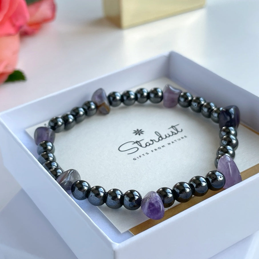 Hematite & Amethyst Bracelet | Natural Grey Gemstone Jewelry
